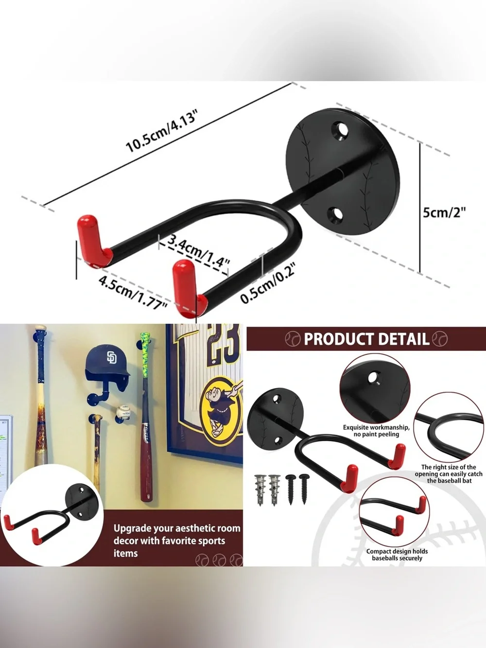 Baseball/Baseball Bat Wall Mount Display Rack - Black (Set of 2)